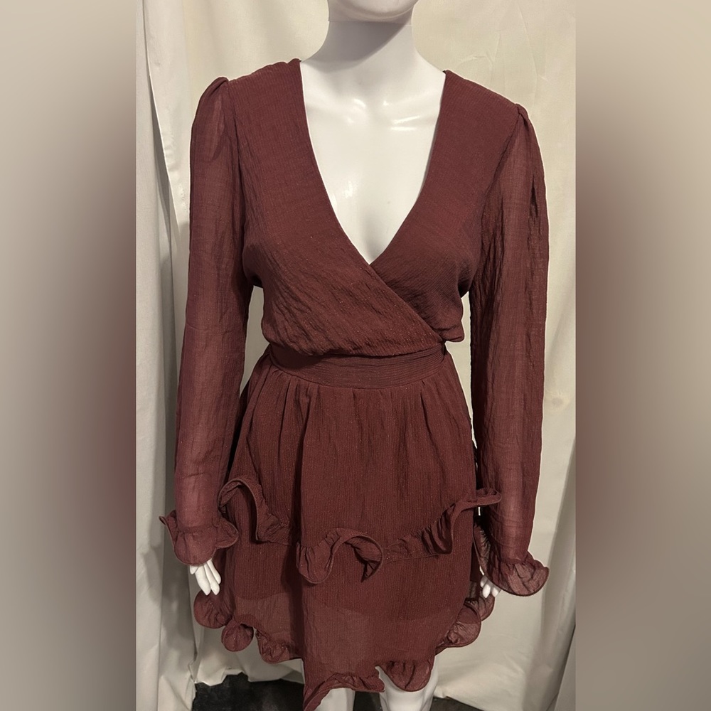 NWT Saints + Secrets Sz L Wine Sheer Ruffle Dress Cottagecore Whimsigoth Boho